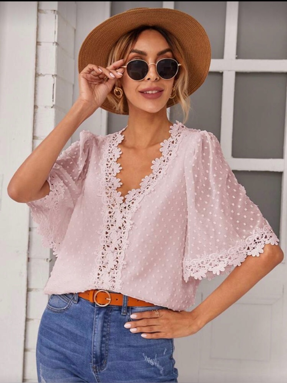 Women's Lace Trim Swiss Dot Pink Top large